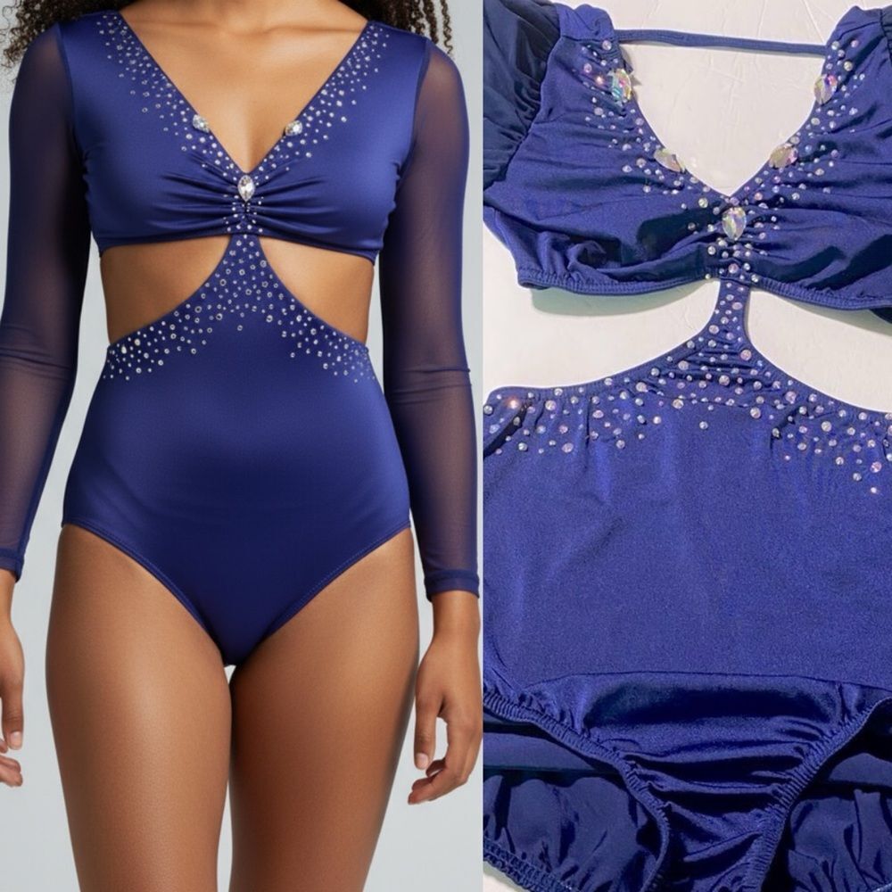 Kelle dance solo costume navy blue poet leotard skirt 2 piece MA-Medium adult